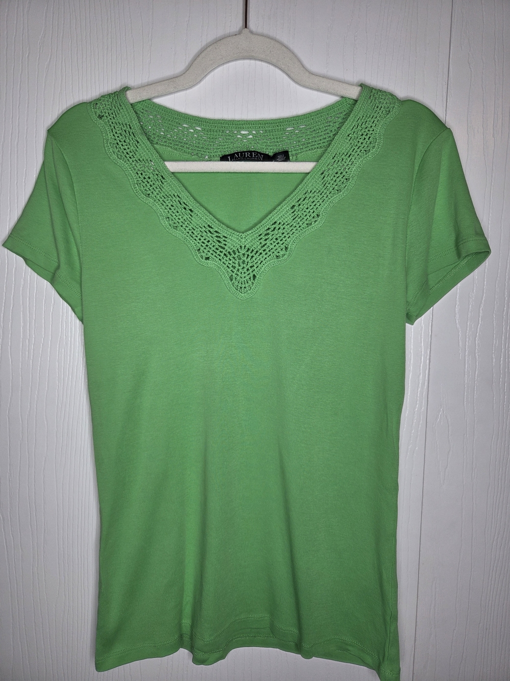 Lauren Ralph Lauren Crochet Knit Lace V-Neck Top Green Size L Cottagecore
